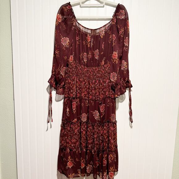 Fig Flower Maroon Floral Tiered Peasant Dress Midi Length Size XL - Picture 7 of 7